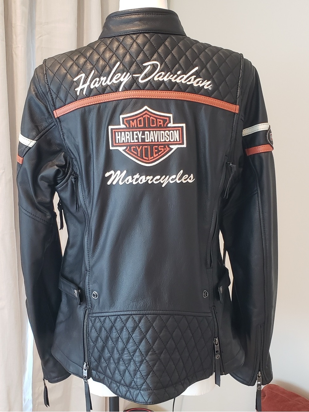 Harley-Davidson Black Leather Quilted Motorcycle Jacket with Orange Accents